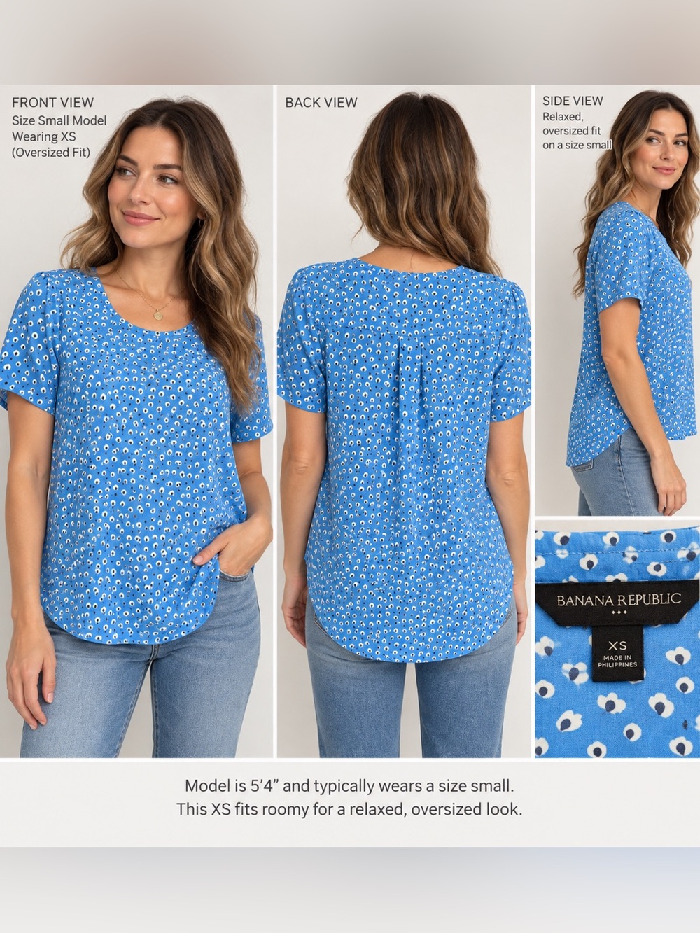 Banana Republic Blue Patterned Short-Sleeve Blouse — XS